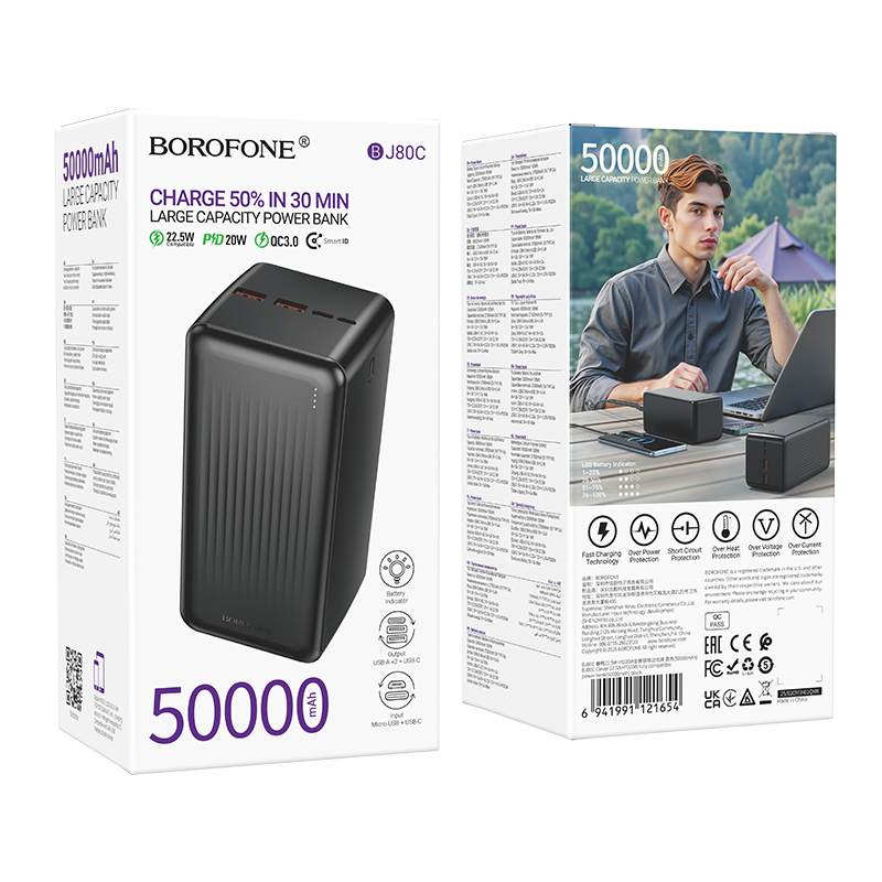 Borofone Power Bank 50000mAh BJ80C Clever - 2xUSB + Type C - QC 3.0 22,5W PD 20W fekete-4