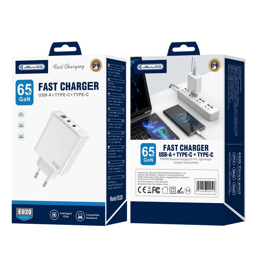 JELLICO hálózati töltő EU20 GaN PD 65W 2xUSB-C + 1xUSB QC3.0 fehér-0