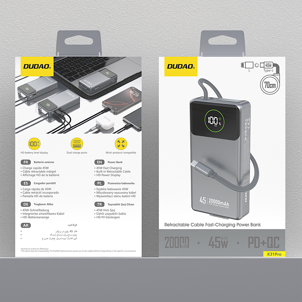 Powerbank Dudao K31 Pro 45W 20000mAh beépített, visszahúzható USB-C kábellel - szürke-8