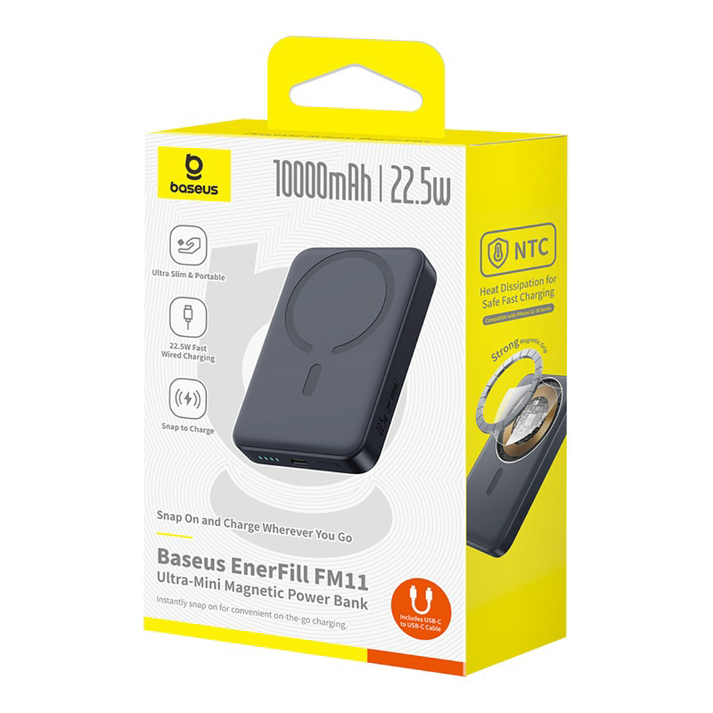  Baseus EnerFill FM11 Ultra-Mini 10000mAh 22.5W MagSafe Kompatibilis Power Bank Baseus Simple USB-C 20V/3A 30 cm Kábellel - Fekete-4