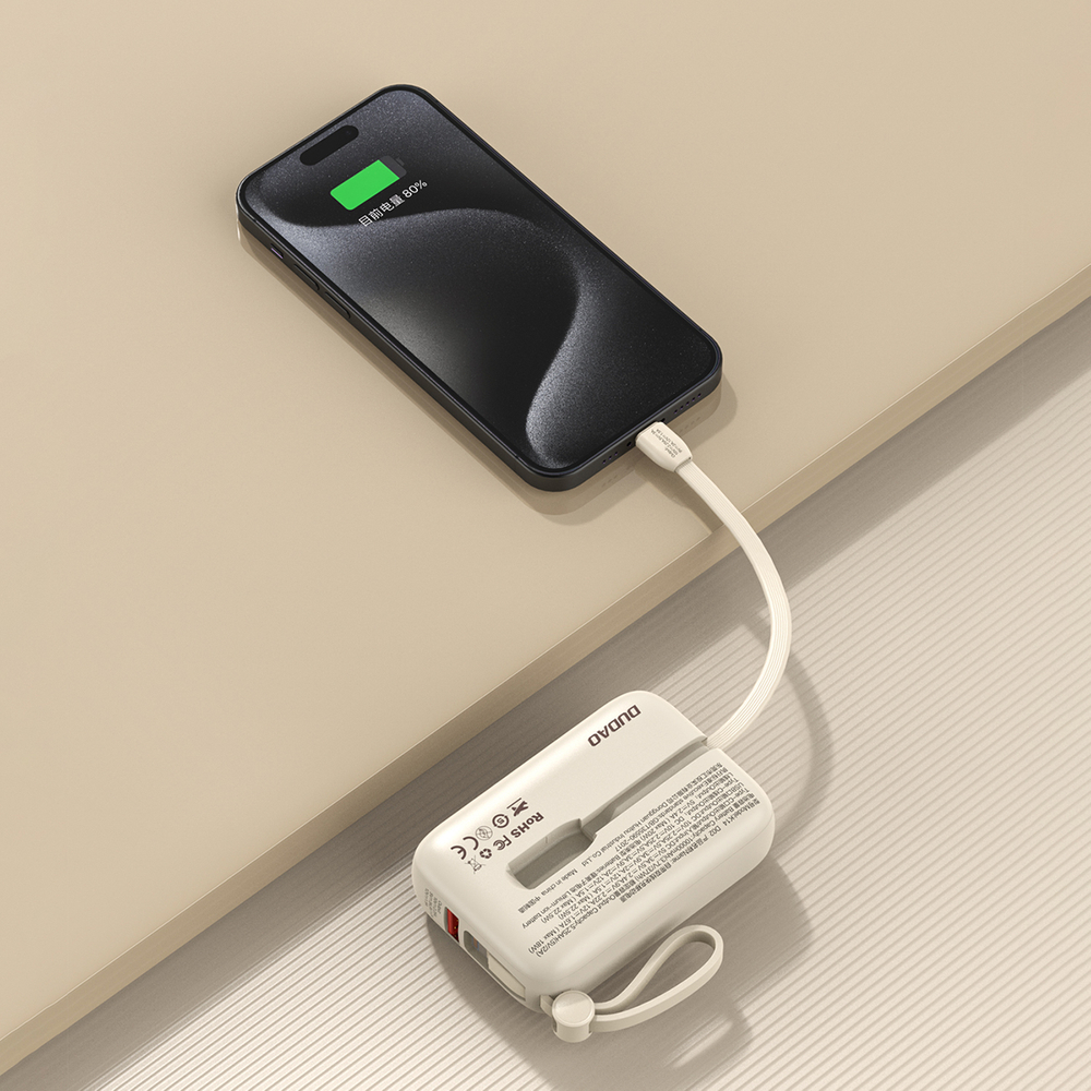 Dudao K14 10000mAh powerbank beépített USB-C / Lightning kábelekkel - bézs-2