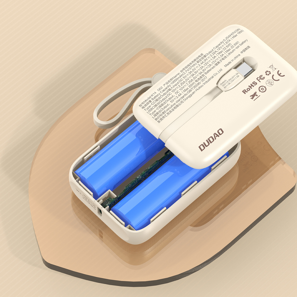 Dudao K14 10000mAh powerbank beépített USB-C / Lightning kábelekkel - bézs-5