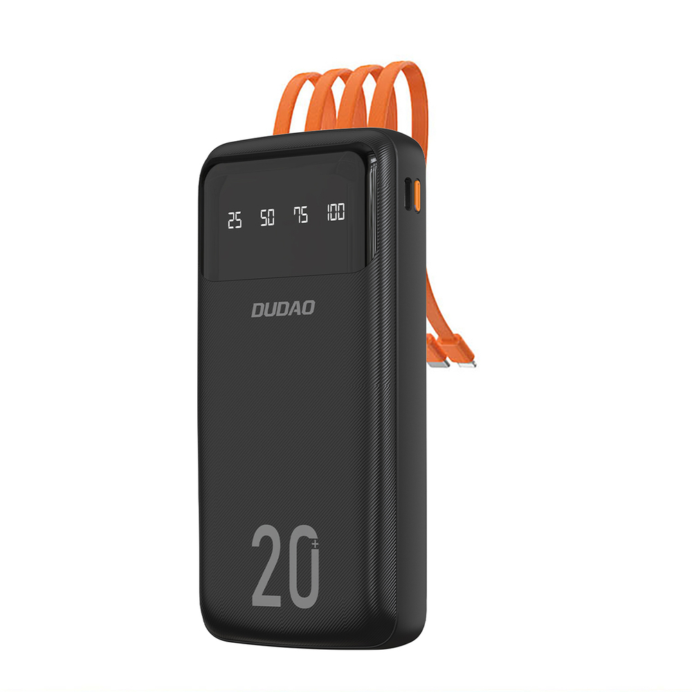 Dudao nagy kapacitású powerbank 3 beépített kábellel 20000mAh USB Type C + micro USB + Lightning fekete (Dudao K6Pro+),-0