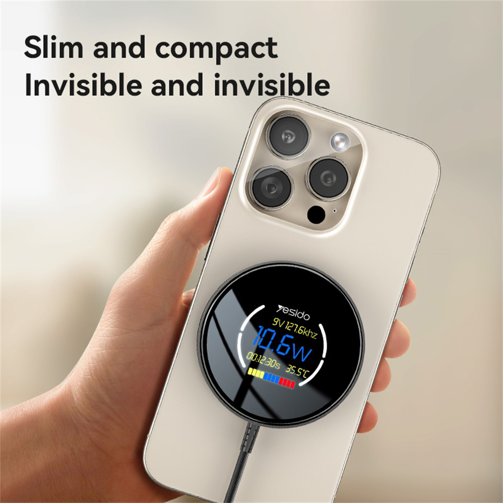 Yesido Vezeték nélküli Töltőállomás (DS28) - Mágneses Markolat, Digitális Kijelző, Gyors Töltés, 15W, Type-C Kábel, 1.2m - Fekete-7