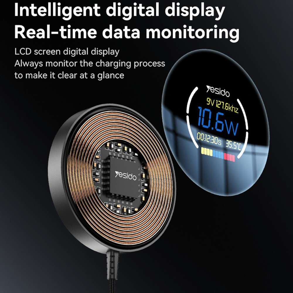 Yesido Vezeték nélküli Töltőállomás (DS28) - Mágneses Markolat, Digitális Kijelző, Gyors Töltés, 15W, Type-C Kábel, 1.2m - Fekete-5