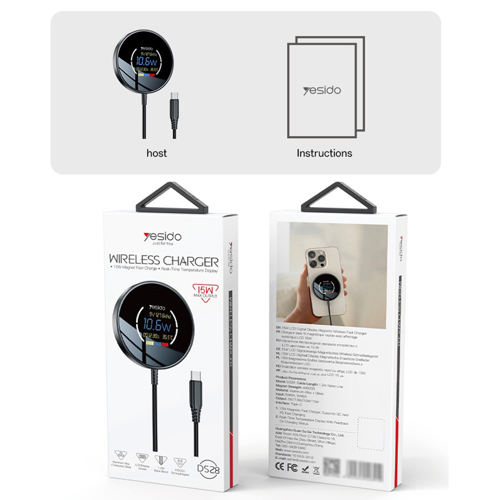 Yesido Vezeték nélküli Töltőállomás (DS28) - Mágneses Markolat, Digitális Kijelző, Gyors Töltés, 15W, Type-C Kábel, 1.2m - Fekete-10