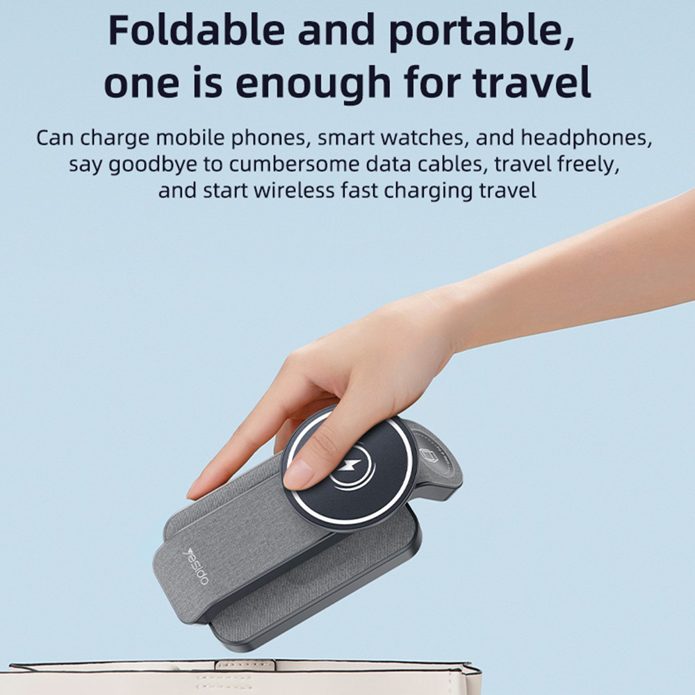 Yesido – Vezeték nélküli töltőállomás (DS26) – Mágneses, telefonhoz, órához, fülhallgatóhoz, összecsukható, állvány, éjjeli fény, 15W – Szürke-7