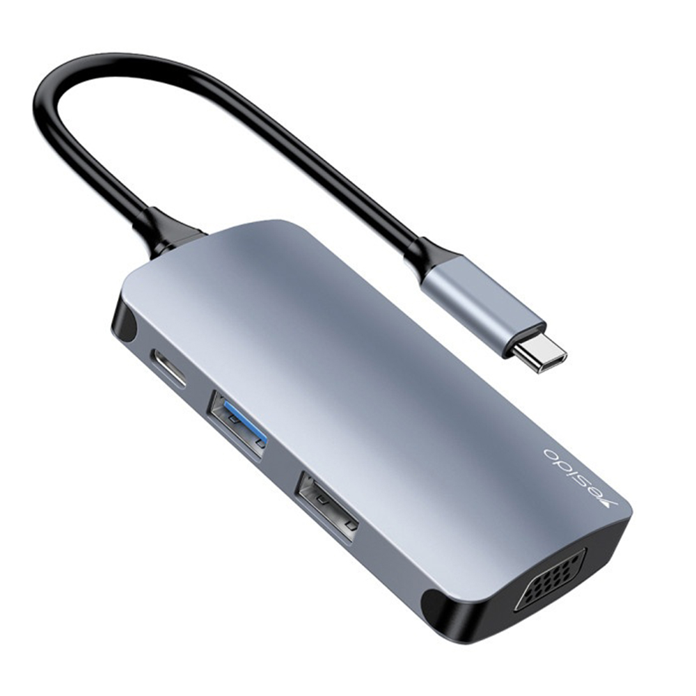 Yesido - Dokkolóállomás 7 az 1-ben (HB16) - Type-C 1x USB3.0, 2x USB2.0, TF/SD Kártya, 1x VGA, 1x Type-C, 5Gbps, PD100W - Szürke-0