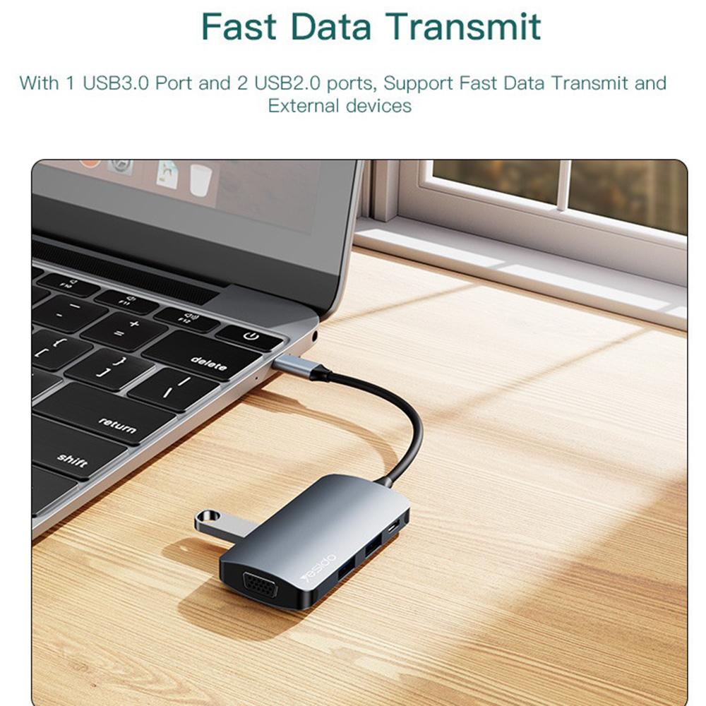 Yesido - Dokkolóállomás 7 az 1-ben (HB16) - Type-C 1x USB3.0, 2x USB2.0, TF/SD Kártya, 1x VGA, 1x Type-C, 5Gbps, PD100W - Szürke-5