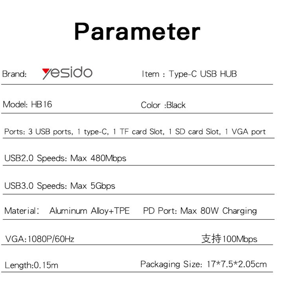 Yesido - Dokkolóállomás 7 az 1-ben (HB16) - Type-C 1x USB3.0, 2x USB2.0, TF/SD Kártya, 1x VGA, 1x Type-C, 5Gbps, PD100W - Szürke-8