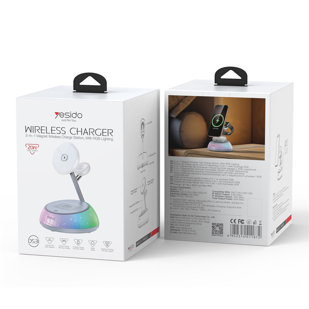 iPhone, Apple Watch, AirPods Fehér Yesido töltőállomás 3in1 (DS31) - Mágneses Tartó, RGB világítás, 15W-10