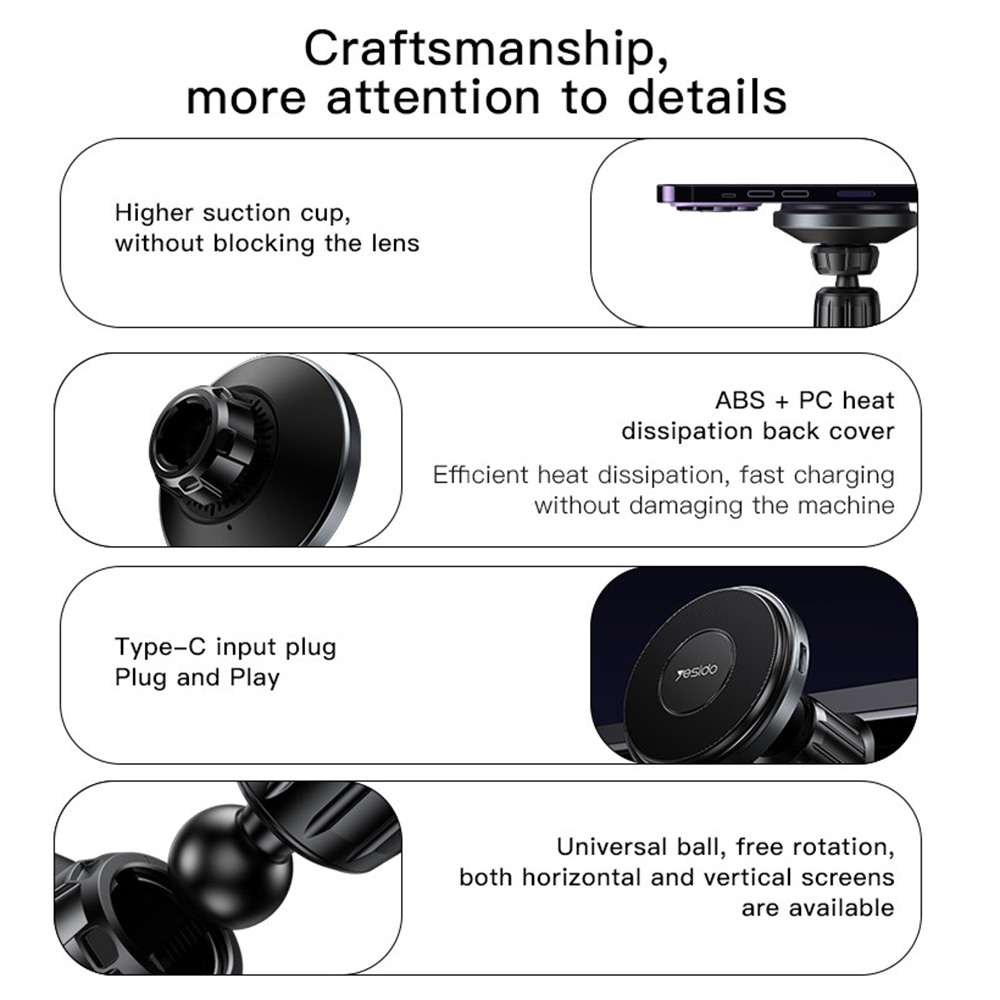 Yesido Autós tartó vezeték nélküli töltéssel (C190) - Szélvédőre, 360°, Intelligens azonosítás, 15 W - Fekete-1