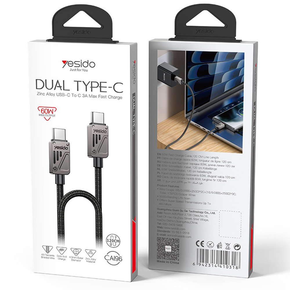 Yesido - Adatkábel (CA196) - Type-C to Type-C, Gyors töltés, 480Mbps, PD60W, CarPlay kompatibilis, cink ötvözet, 1.2m - Fekete-11
