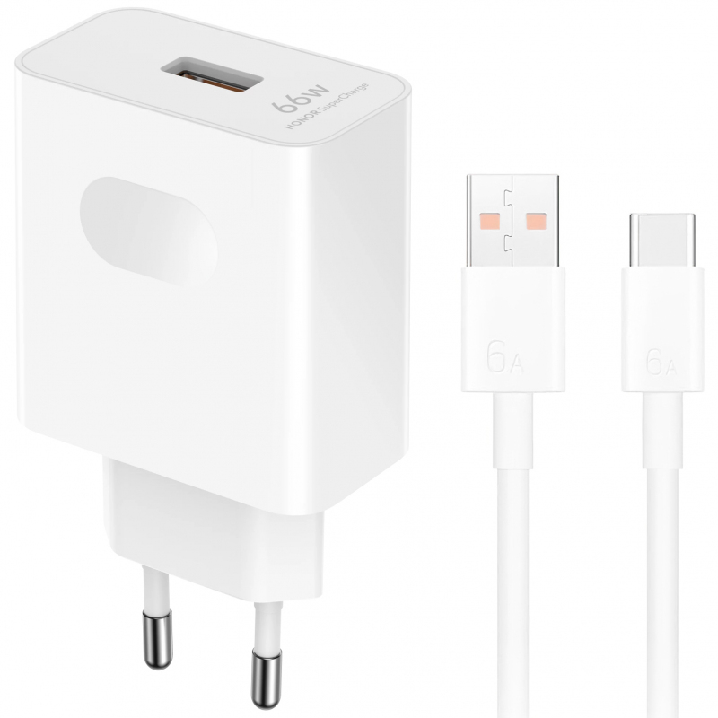 Honor HN-110600E00, 66W, 6A, 1 x USB-A hálózati adapter USB-C Kábellel, Fehér 5503AAHX-0