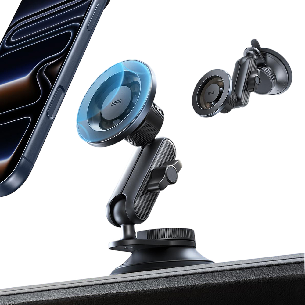 ESR Autós tartó OmniLock (2B5240162) - Műszerfalra, 360°, Mágneses, Rugalmas gömbcsuklós kar, Alumínium - Fekete/Karbon szálas-0