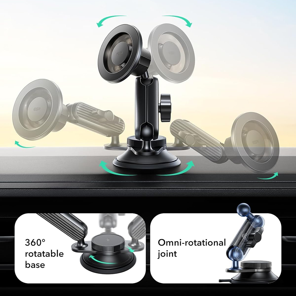 ESR Autós tartó OmniLock (2B5240162) - Műszerfalra, 360°, Mágneses, Rugalmas gömbcsuklós kar, Alumínium - Fekete/Karbon szálas-4