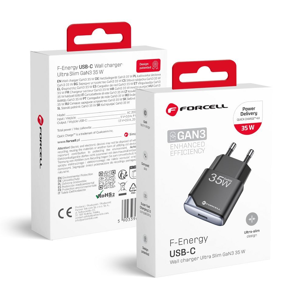Forcell F-Energy Ultra Slim GaN III hálózati töltő, USB-C, PD/QC4.0, 3A/35 W, fekete (B135101-E)-1