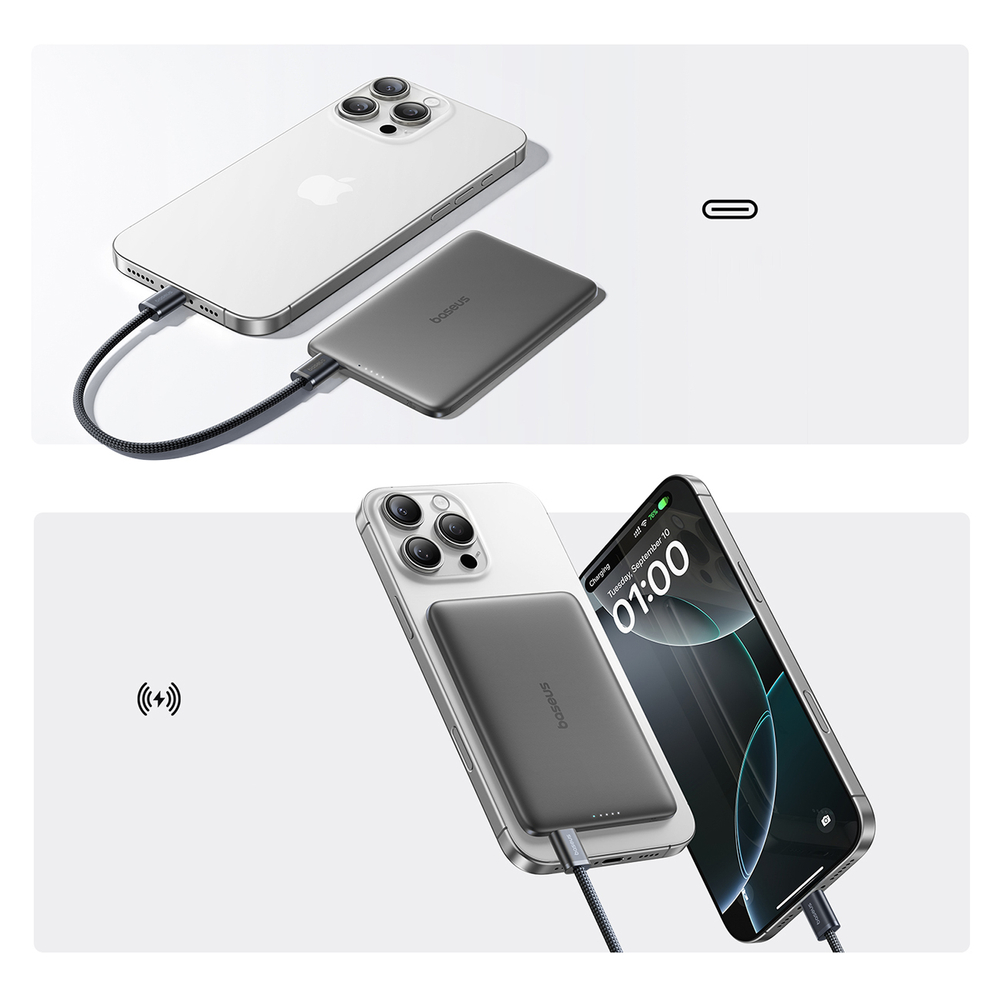 Baseus PicoGo AM41 Ultra-Karcsú 5000mAh 20W MagSafe Kompatibilis Power Bank Baseus Simple USB-C 60W 30cm Kábellel - Fekete-7