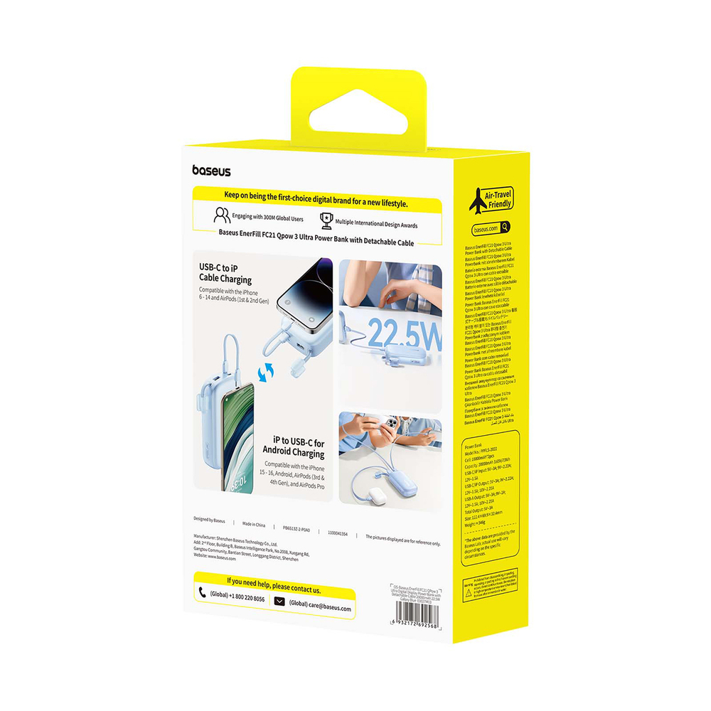 Baseus EnerFill FC21 Qpow 3 Ultra 20000mAh 22.5W Powerbank kijelzővel és kábellel - Kék-4