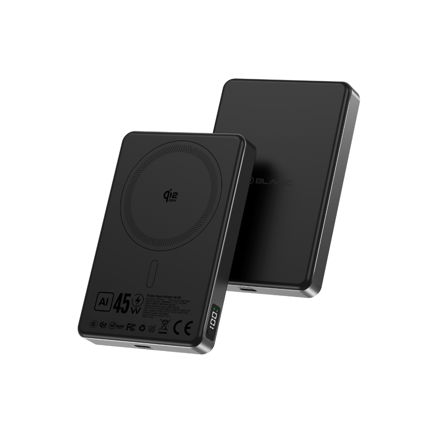 Blavec Power Bank 10000mAh BJ-05 Ultra Gyors 16mm - Type C - Qi2.2 25W + PD 45W mágneses indukció Magsafe 2 az 1-ben (PBBJ05-QI22MC10B) fekete-0