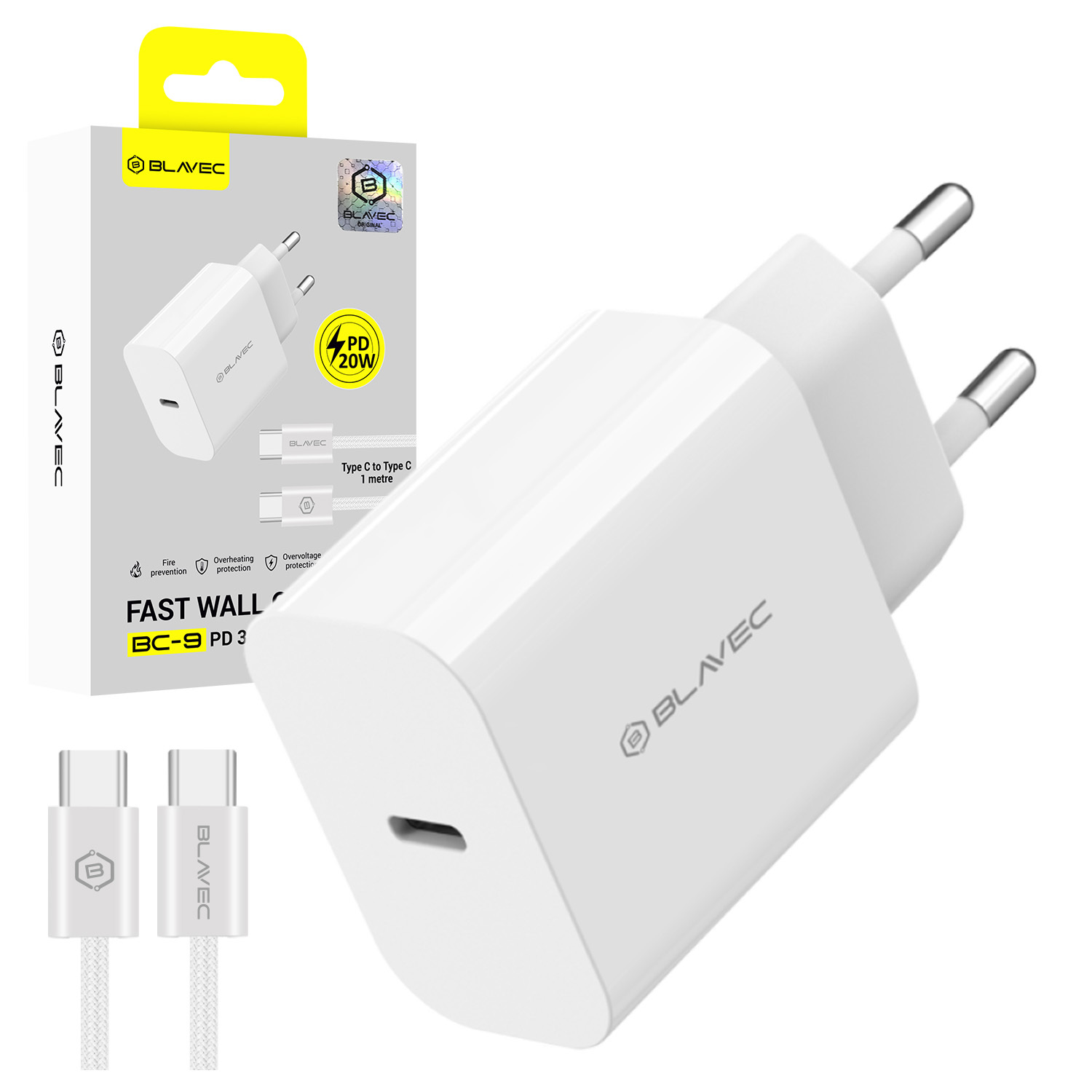 Blavec Hálózati töltő BC-9 - USB-C - PD 20W 3A USB-C - USB-C kábel (TCBC9-CW203A+CC) fehér-0