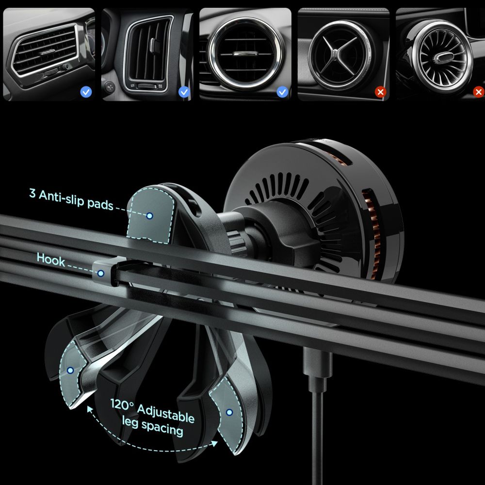 Spigen Essential EV25MFAQ Qi2.2 Peltier Mágneses Magsafe Autós Tartó Vezeték Nélküli Töltő Fekete-1