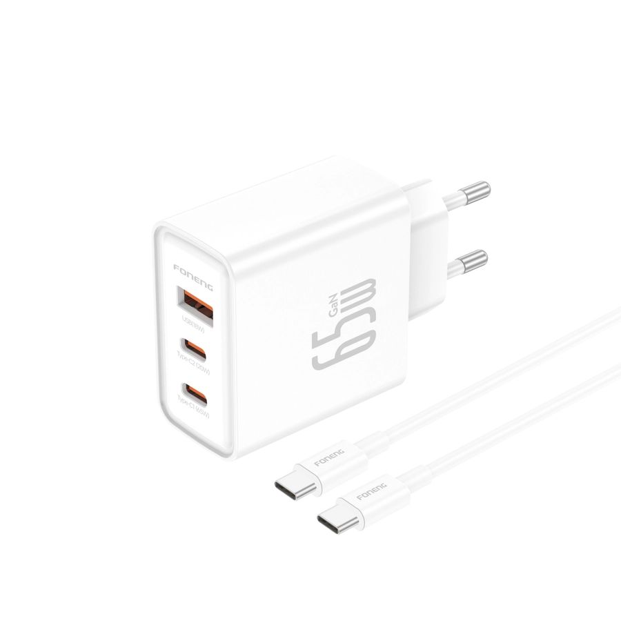 FONENG falitöltő Gan50-EU GaN PD 65W 2xUSB-C + 1xUSB QC3.0 + USB-C - USB-C kábel Fehér-1