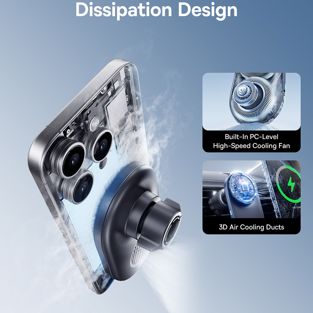 Baseus PrimeTrip VC1 Pro Vezeték nélküli autós tartó légbeömlőre, Type-C, 15W, Qi2, hűtőventilátorral - Fekete-5