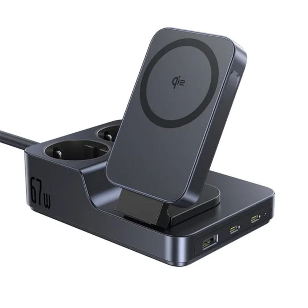 Baseus - 6 az 1-ben töltőállomás Nomos ND11 (E00078801123-00) - Mágneses Vezeték nélküli, 2x AC, 2x USB-C, USB, 67W - Kozmikus Fekete-0