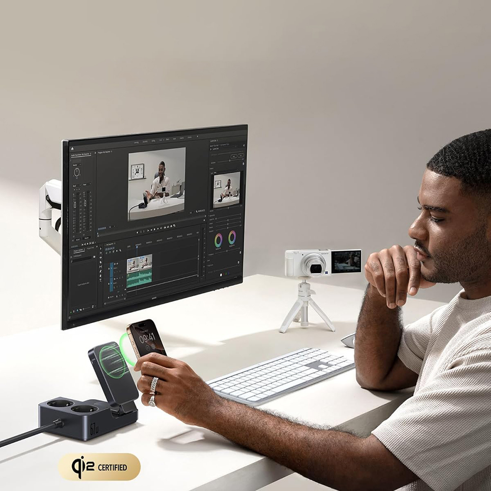 Baseus - 6 az 1-ben töltőállomás Nomos ND11 (E00078801123-00) - Mágneses Vezeték nélküli, 2x AC, 2x USB-C, USB, 67W - Kozmikus Fekete-4