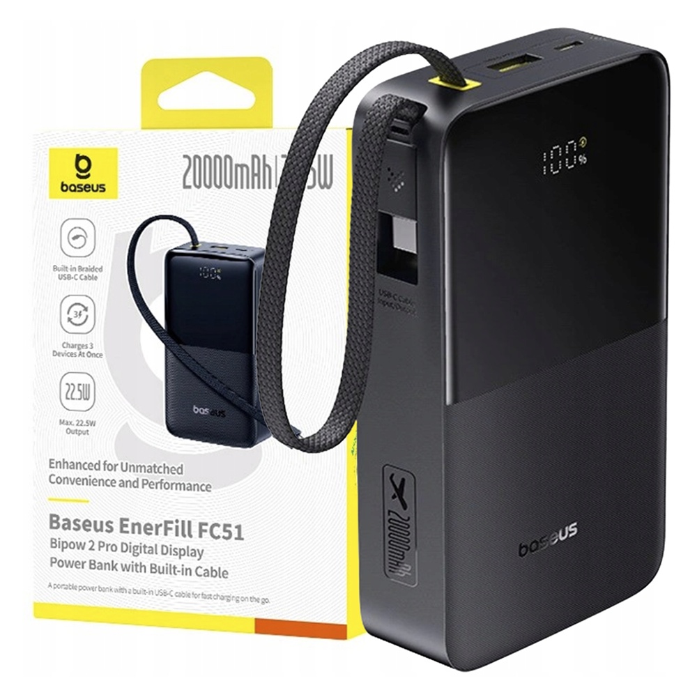 Baseus - EnerFill Bipow2 Pro Power Bank (E0027701) - beépített USB-C kábellel, 20000mAh, 22.5W, digitális kijelző - Kozmikus Fekete-6