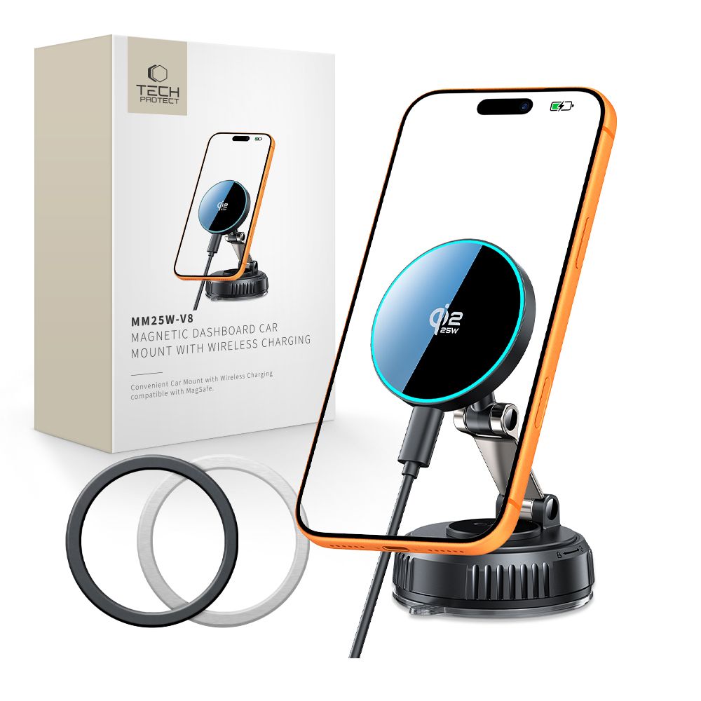 Tech-Protect MM25W-V8 Qi2.2 mágneses MagSafe autós tartó és vezeték nélküli töltő, tapadókorongos műszerfalra-0