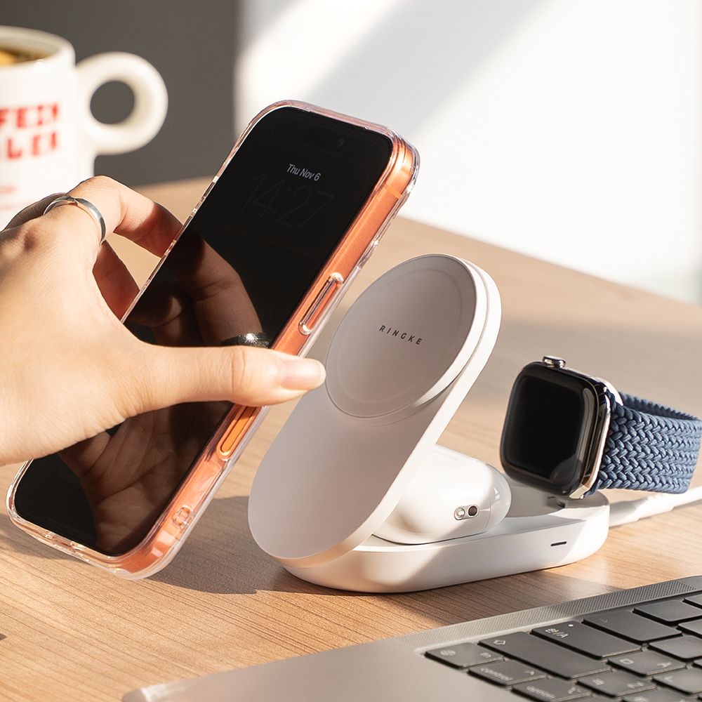 Ringke Qi2.2 25w 3 az 1-ben mágneses Magsafe vezeték nélküli összecsukható töltő Fehér-7