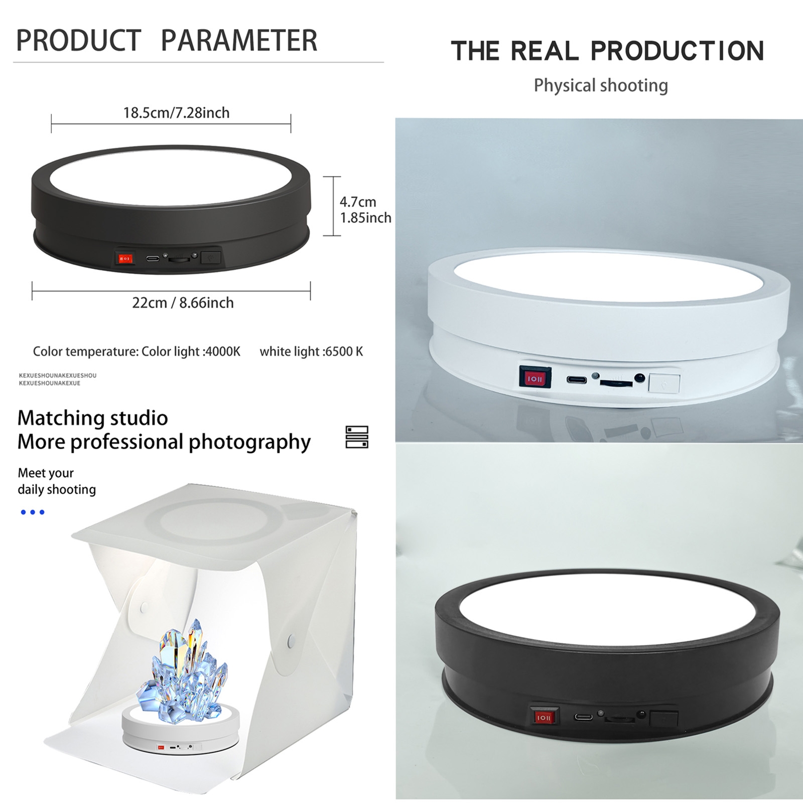 22 cm színes LED világítású, termék forgató állvány távirányítóval (fehér)-3