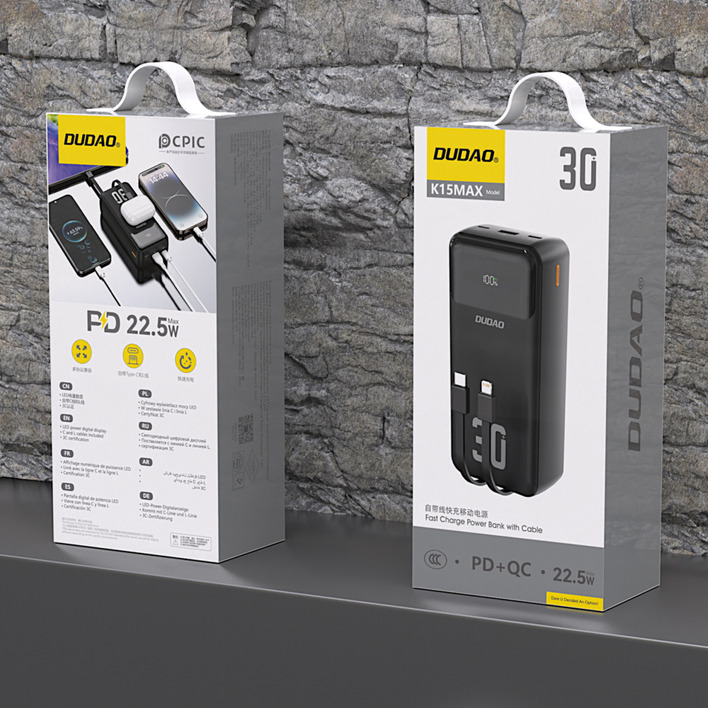 Dudao K15MAX 30000mAh PD 22.5W Powerbank beépített kábelekkel - Fekete-1