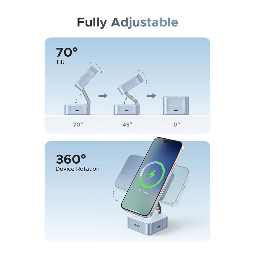 UGREEN W752 2in1 vezeték nélküli töltő állomás, 35W, 3A, 1 x USB-C, kék-5