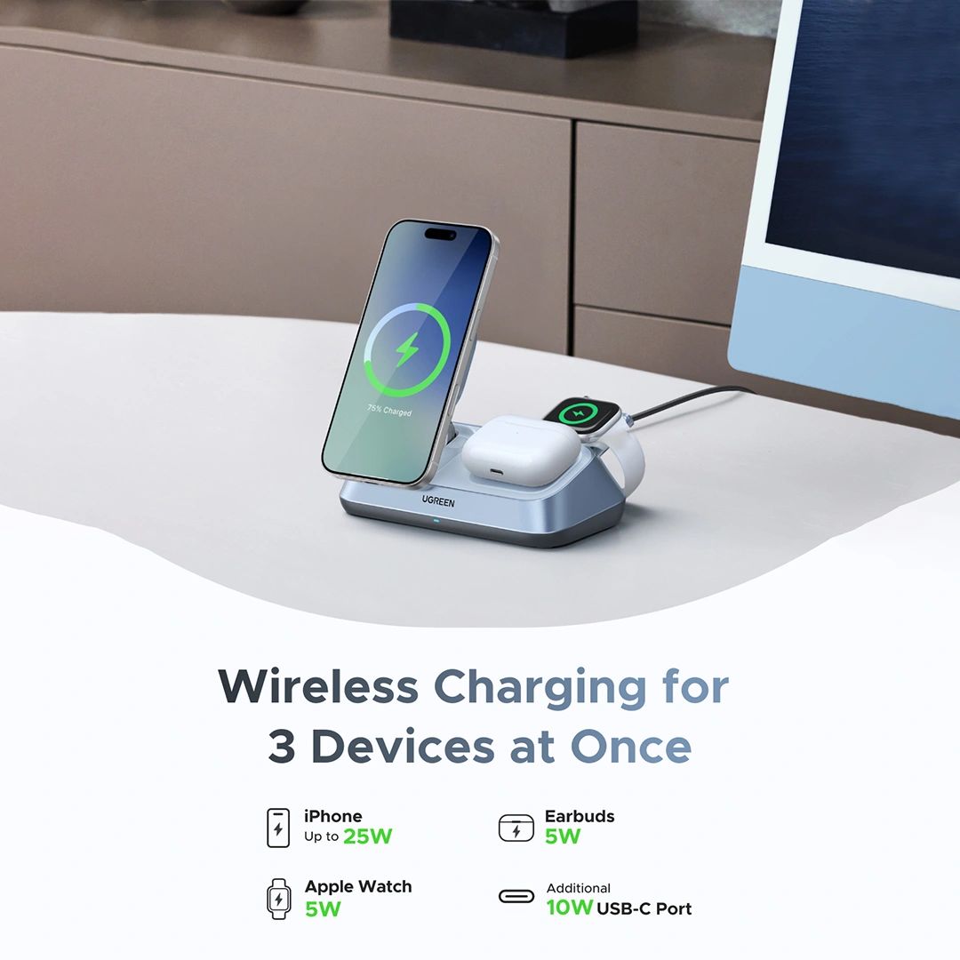 UGREEN W711 3in1 vezeték nélküli töltőállomás, 25W, 1.67A, kék-1