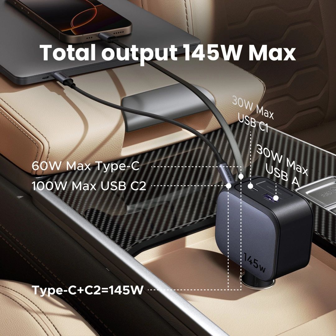 UGREEN EC604 (55910B) Nexode autós töltő, 145W, 3A, 1 x USB-A - 2 x USB-C, USB-C kábellel, fekete-3