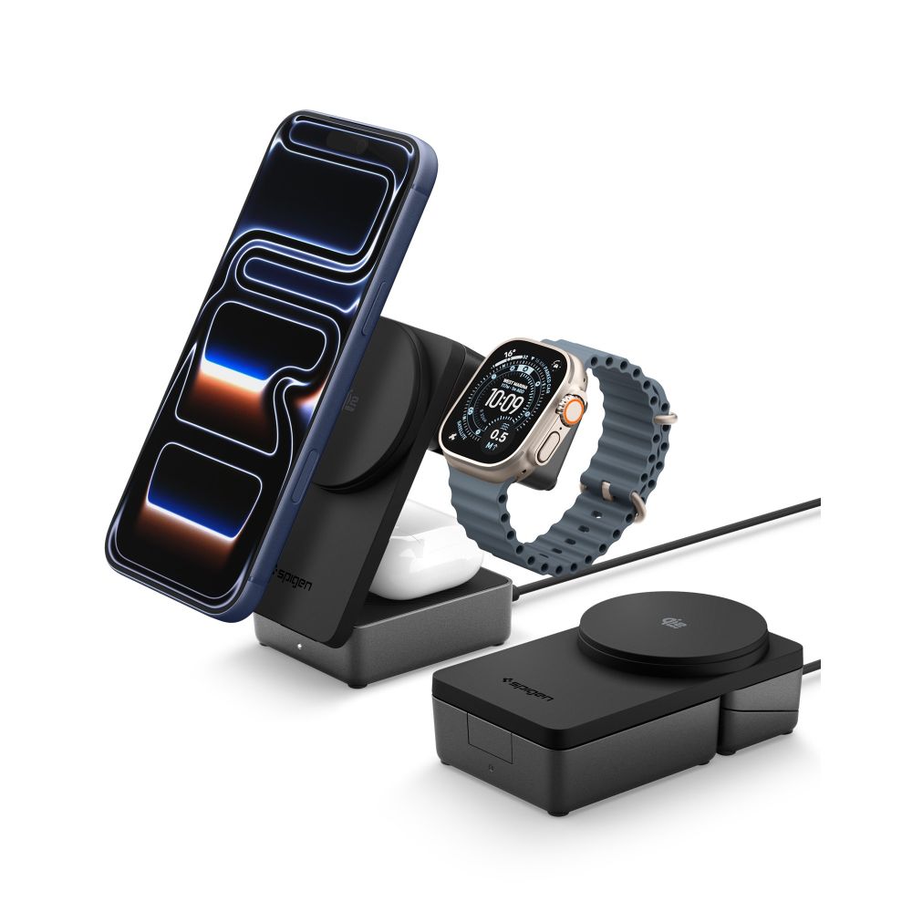 Spigen Essential EF323MQ 3in1 Mágneses MagSafe Vezeték nélküli töltőállomás 25W Qi2.2 Fekete-7