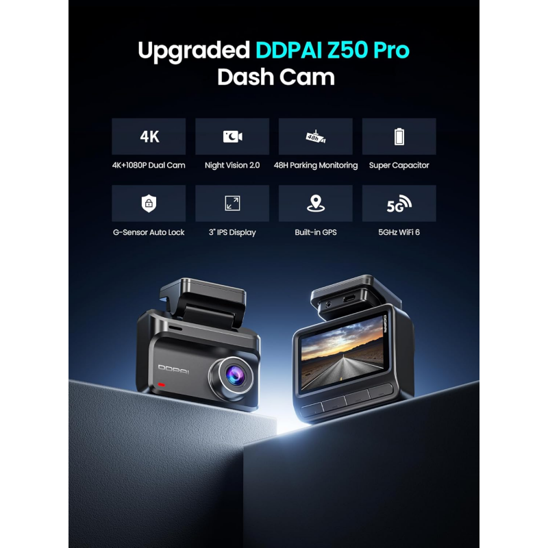 Dash + Hátsó Kamera DDPAI Z50 Pro Dual, 4K, Wi-Fi, GPS, 3inch LCD, Fekete-1
