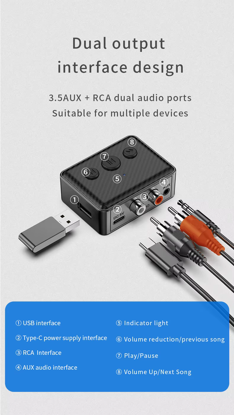 Bluetooth 5.4 R21 vezeték nélküli audió vevő, AUX csatlakozóval, autós és TV-s zenelejátszáshoz, RCA-4