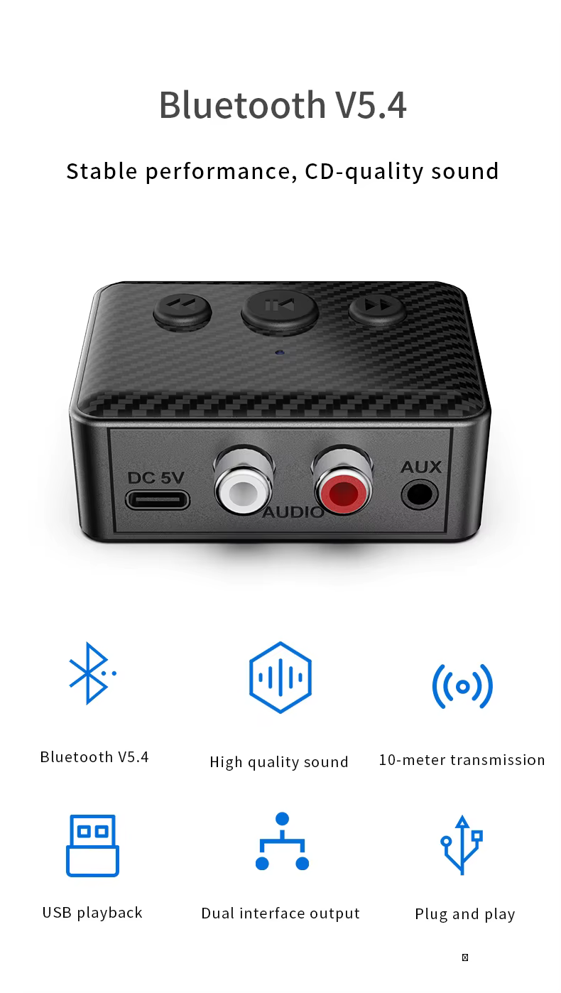 Bluetooth 5.4 R21 vezeték nélküli audió vevő, AUX csatlakozóval, autós és TV-s zenelejátszáshoz, RCA-3