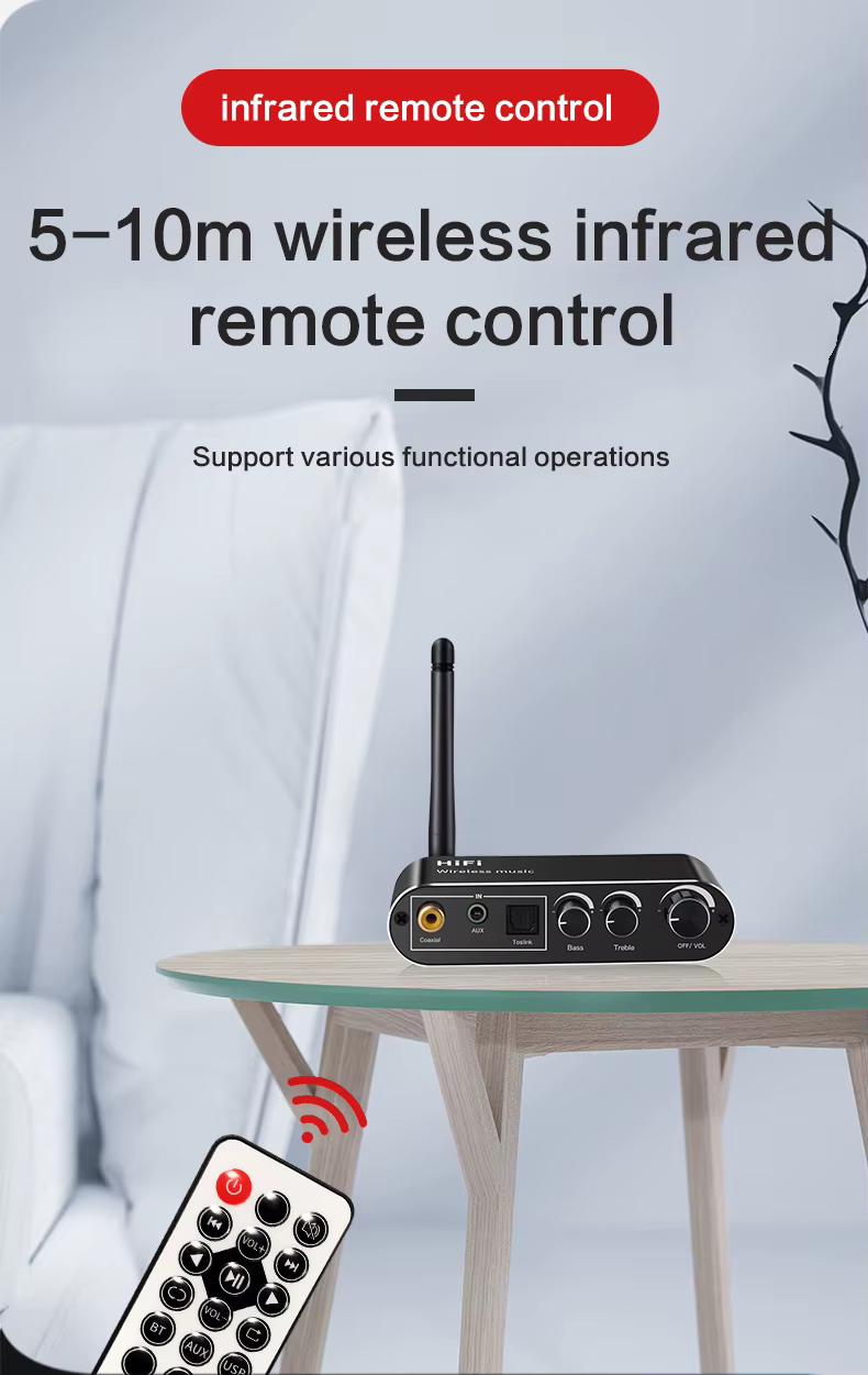 Optikai és koaxiális digitális–analóg audió átalakító Bluetooth audió vevővel és USB MP3 lejátszó funkcióval T01-1