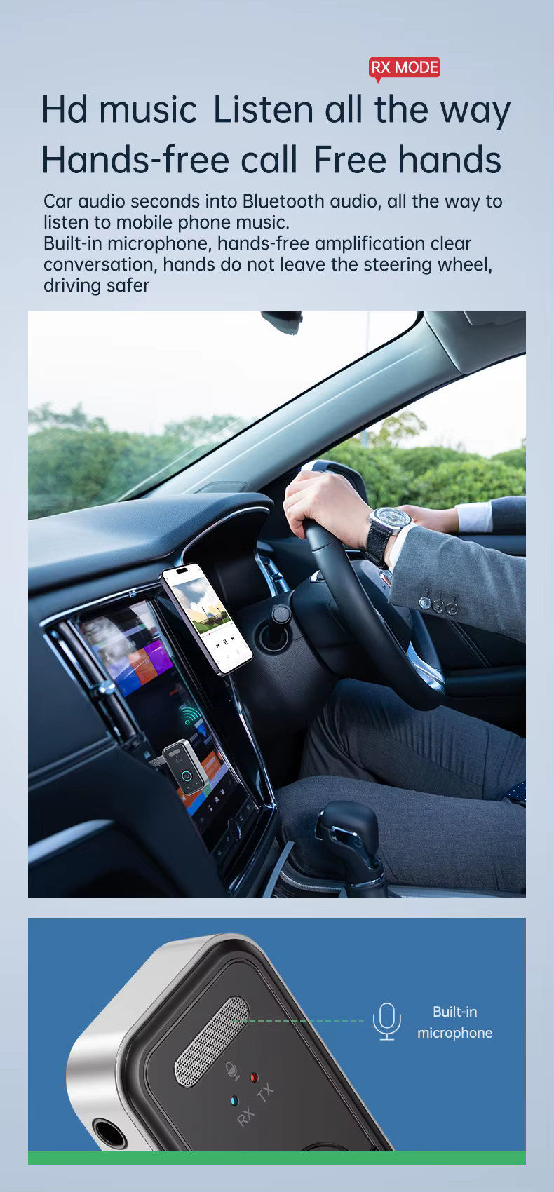T67 Bluetooth 5.3 hordozható AUX audió vevő és adó, autós kihangosító és sztereó rendszer kompatibilitással-7