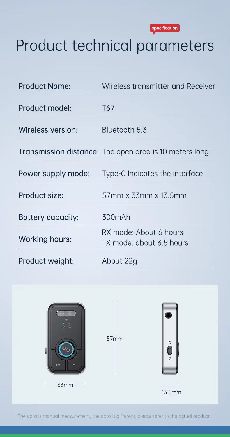 T67 Bluetooth 5.3 hordozható AUX audió vevő és adó, autós kihangosító és sztereó rendszer kompatibilitással-4