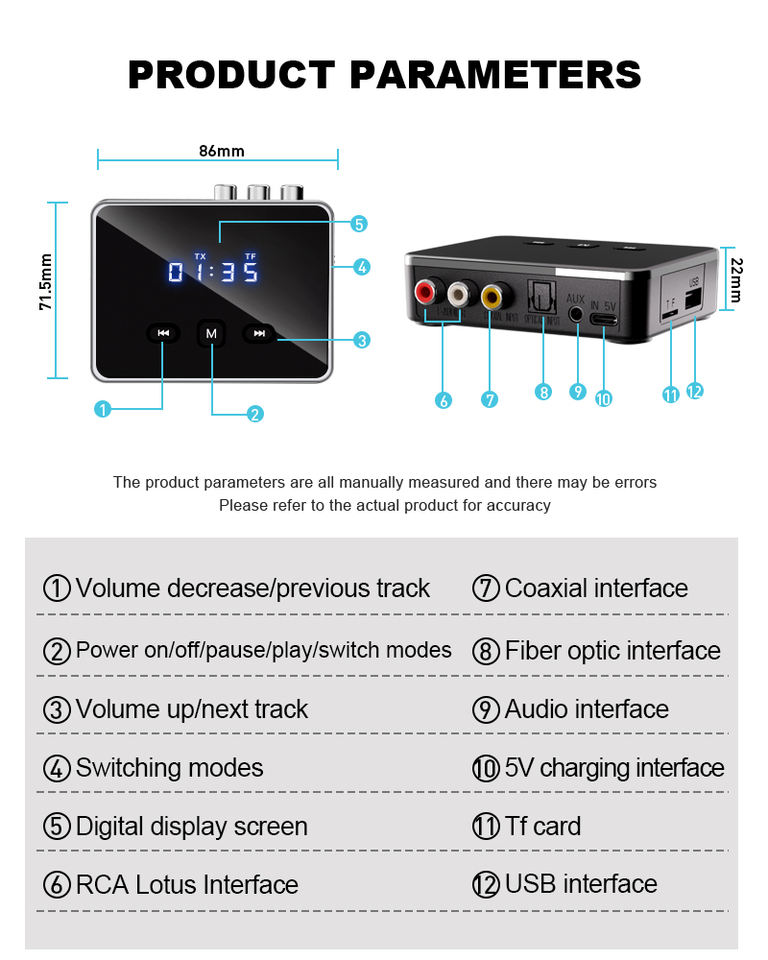 RT06 Bluetooth vezeték nélküli audió vevő és adó, optikai (TOSLINK) csatlakozóval és kihangosító funkcióval-3