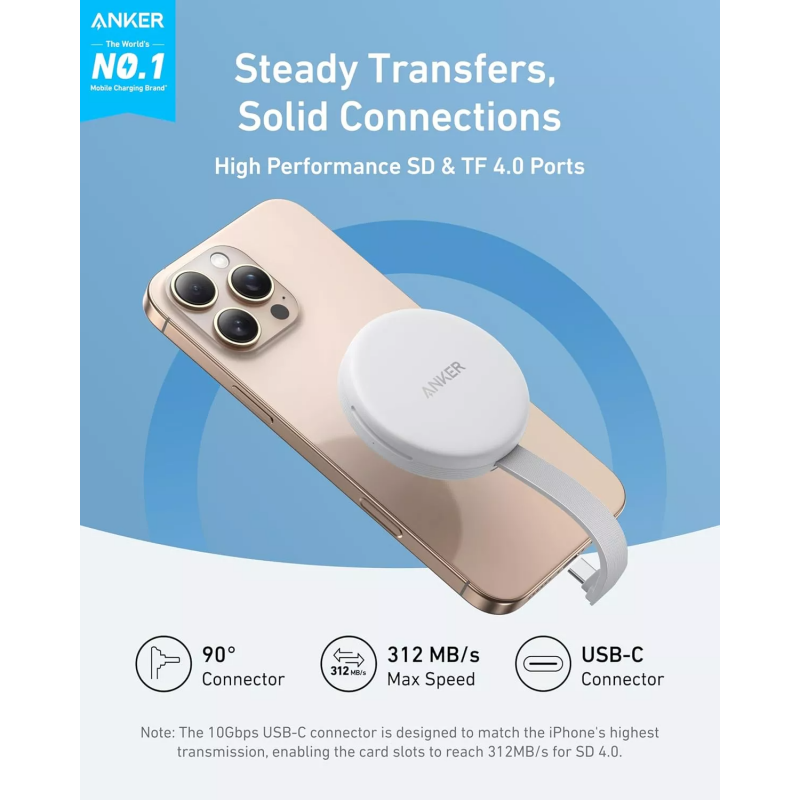 Anker MagGo USB-C kártyaolvasó, Apple iPhone USB-C, SD - microSD, Fehér A83D1G21-5