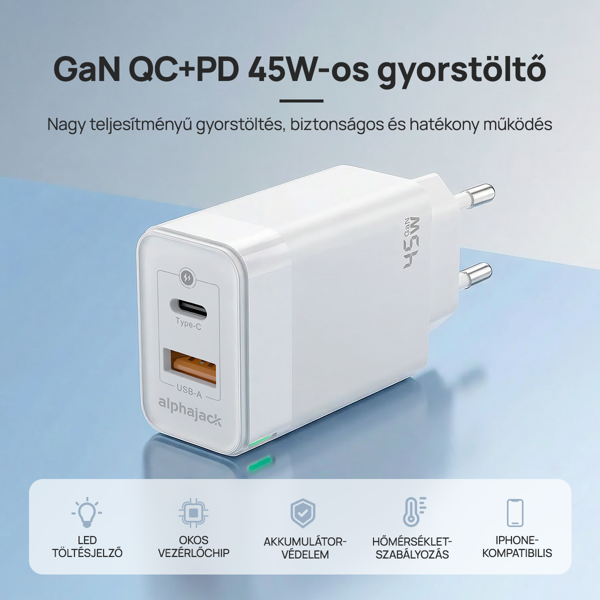 Alphajack GaN CA 45W USB-C, USB-A hálózati töltőadapter-4