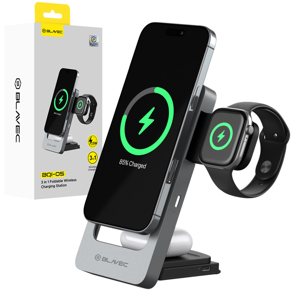 Blavec Indukciós töltő BQI-05 Qi 15W mágneses Magsafe 3 az 1-ben UniCharge (BQI05-QIMS) ezüst-0