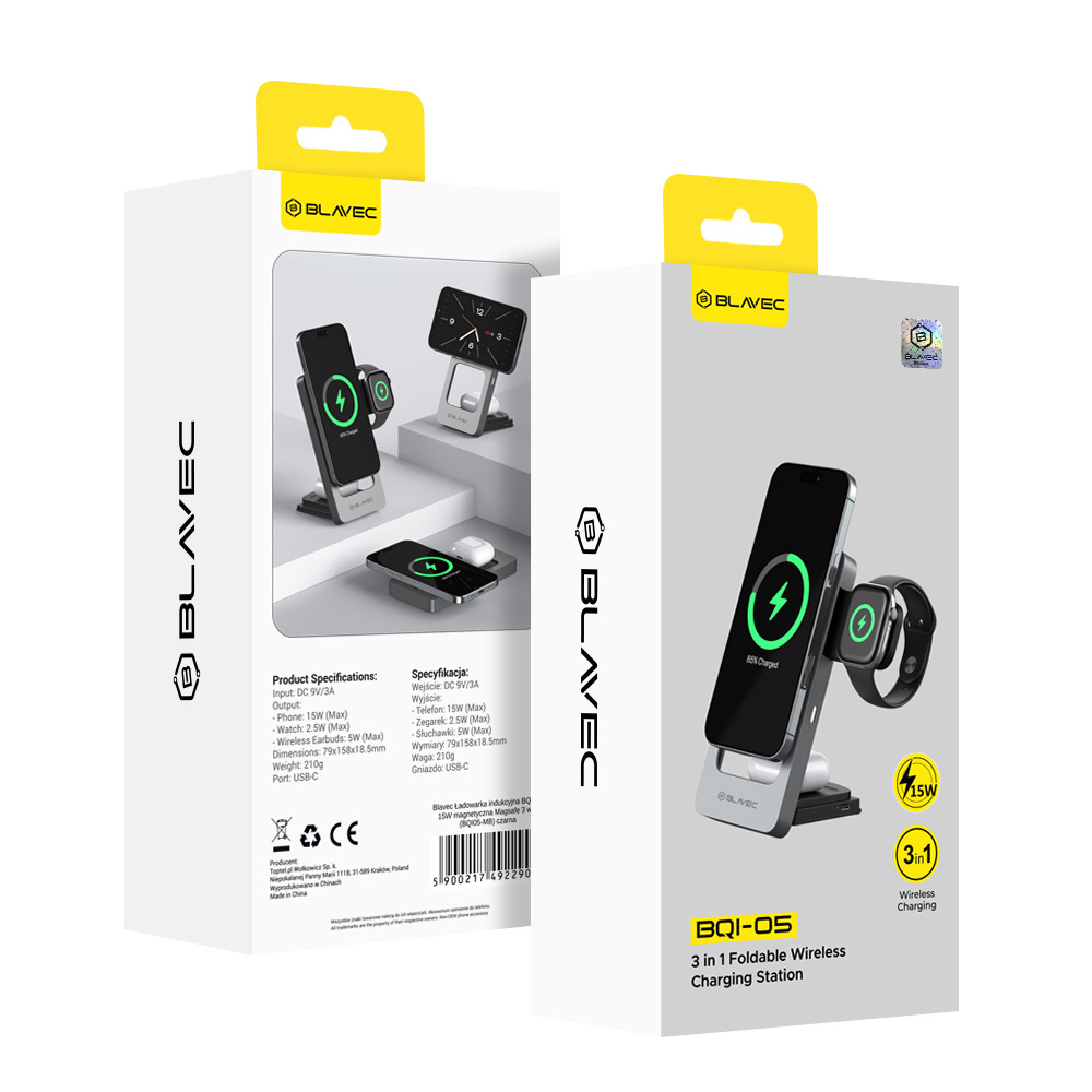 Blavec Indukciós töltő BQI-05 Qi 15W mágneses Magsafe 3 az 1-ben UniCharge (BQI05-QIMS) ezüst-8